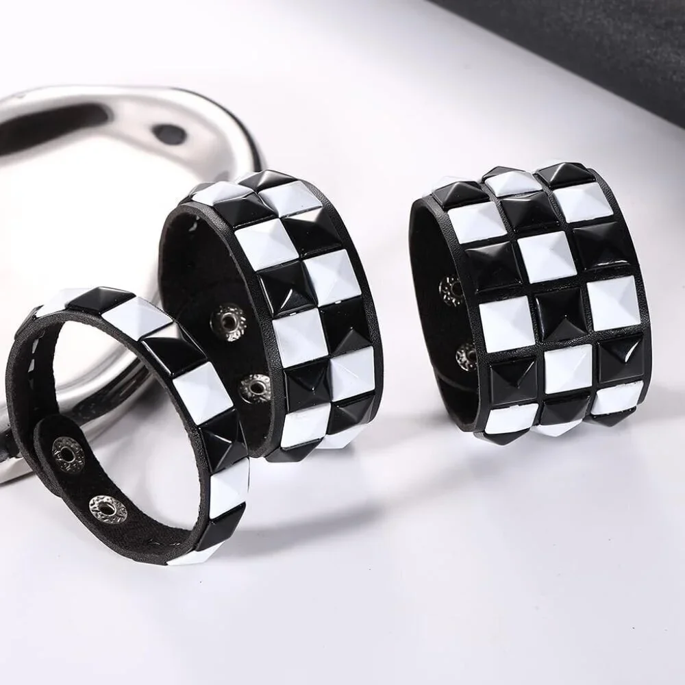 3 Piece Faux Leather Punk Bracelets Black White Checkered Studded Adjustable